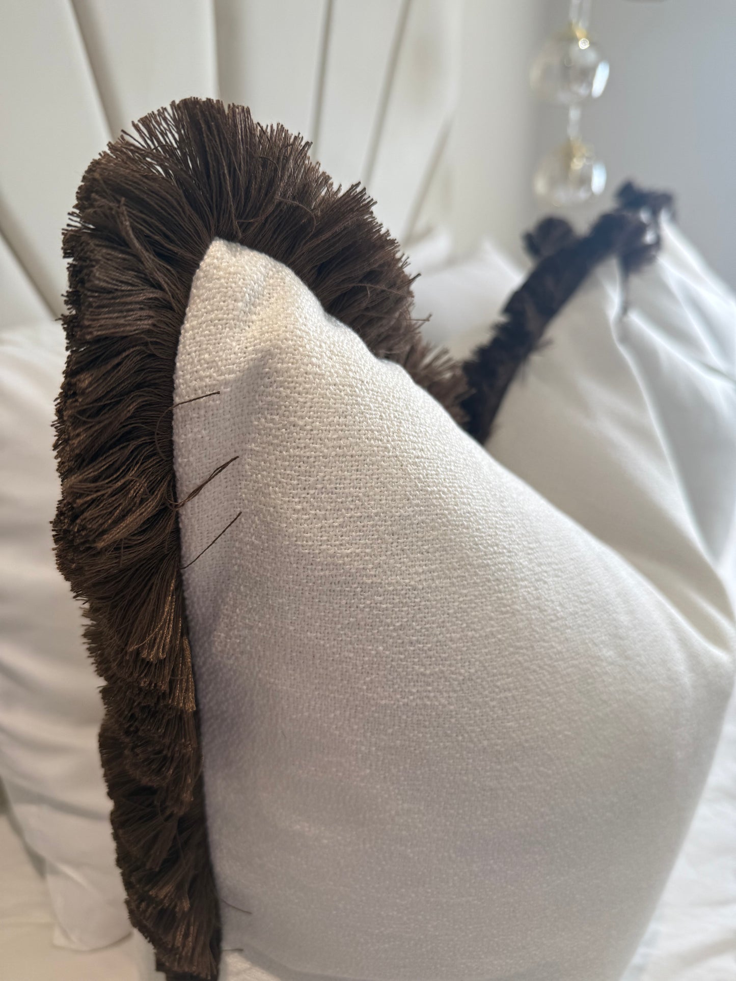 Hugo White & Chocolate Fringed Large Cushion