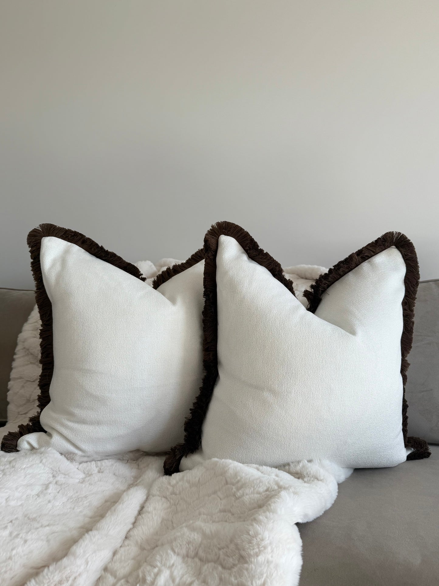 Hugo White & Chocolate Fringed Large Cushion