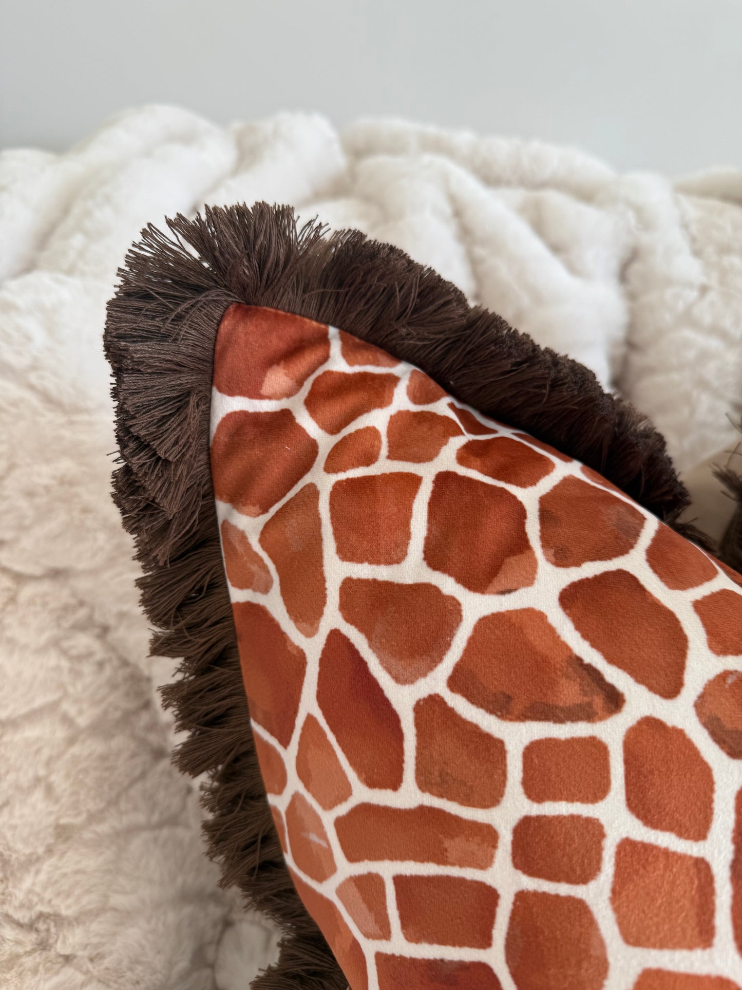 Rust Orange Giraffe Print Cushion with Fringe Trim