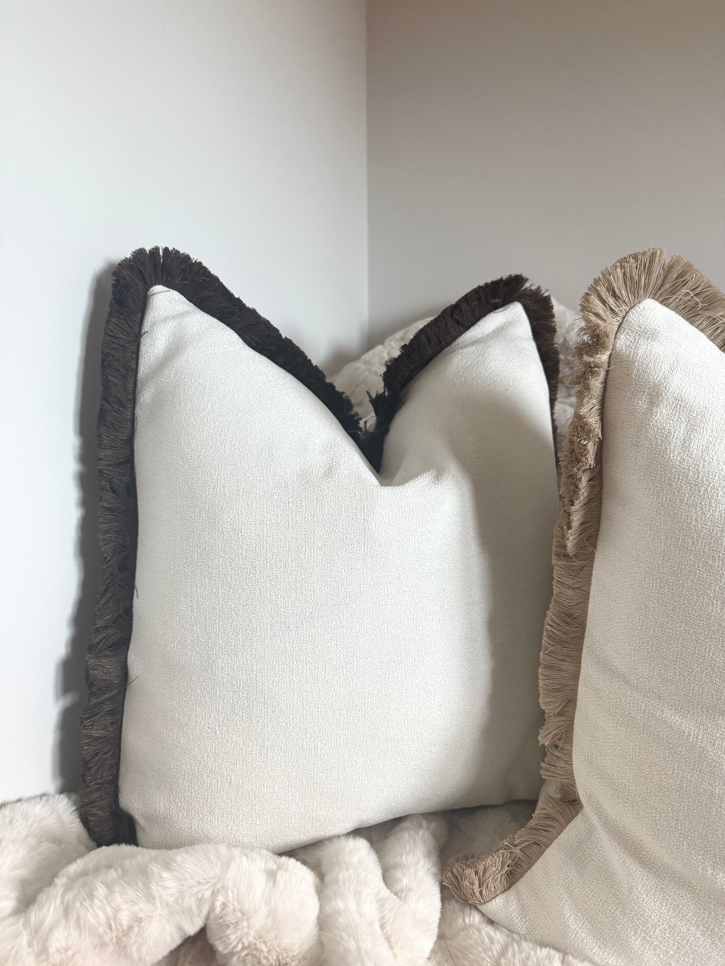 Hugo White & Chocolate Fringed Large Cushion