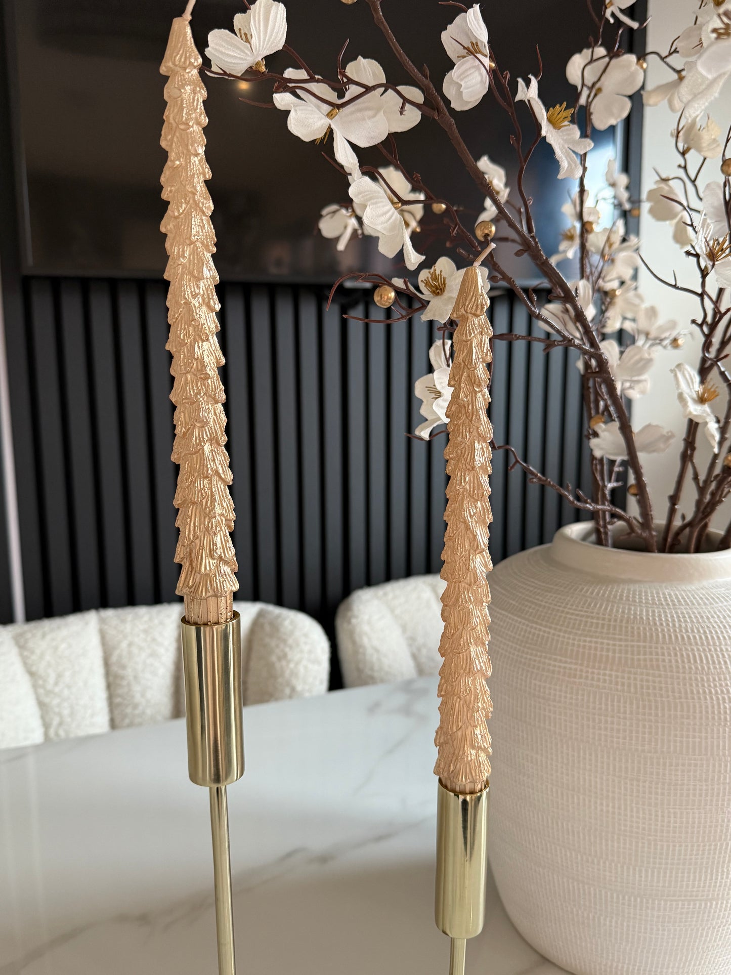 Set Of 2 Gold Glitter Tree Dinner Candles