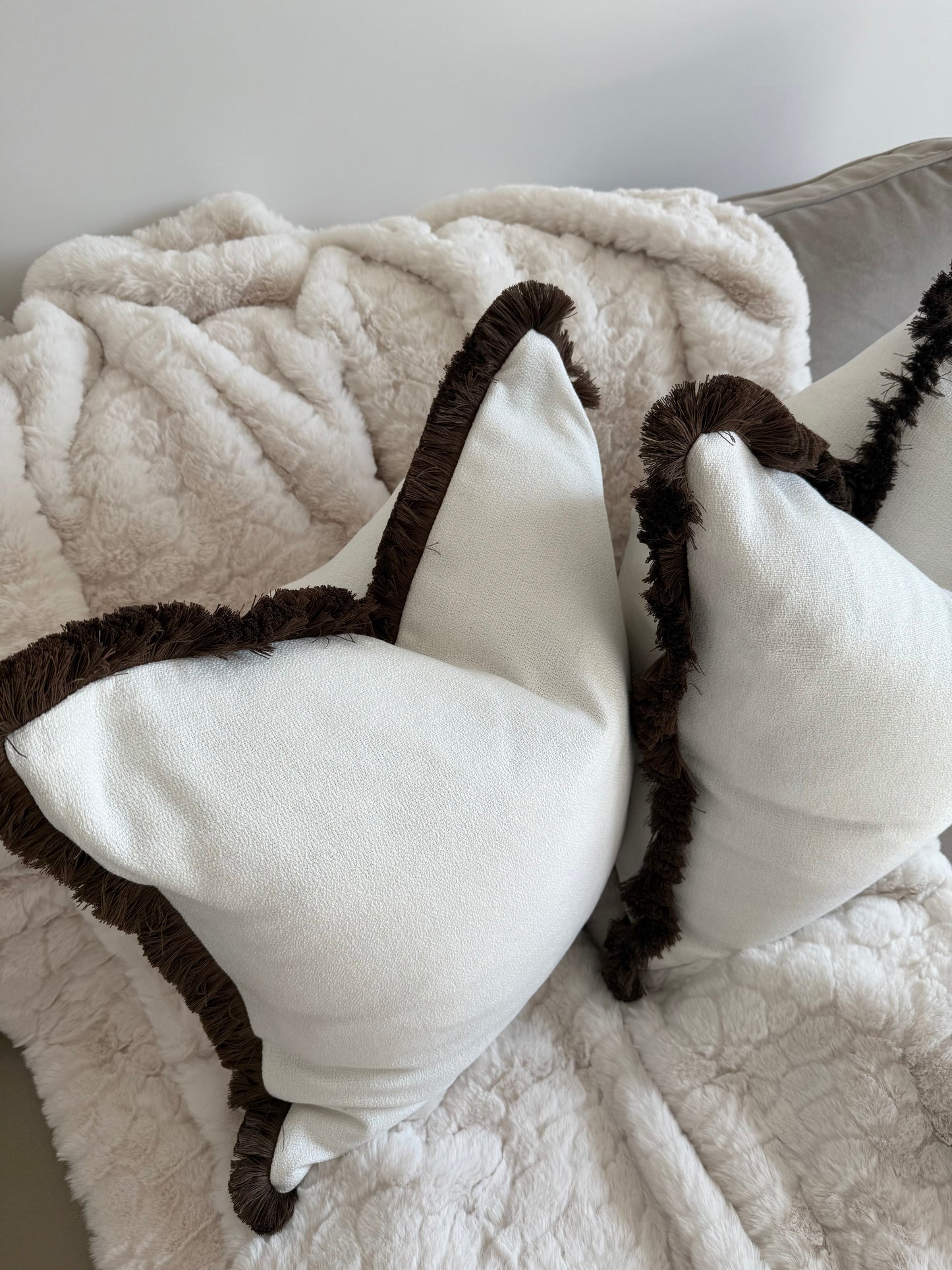 Hugo White & Chocolate Fringed Large Cushion