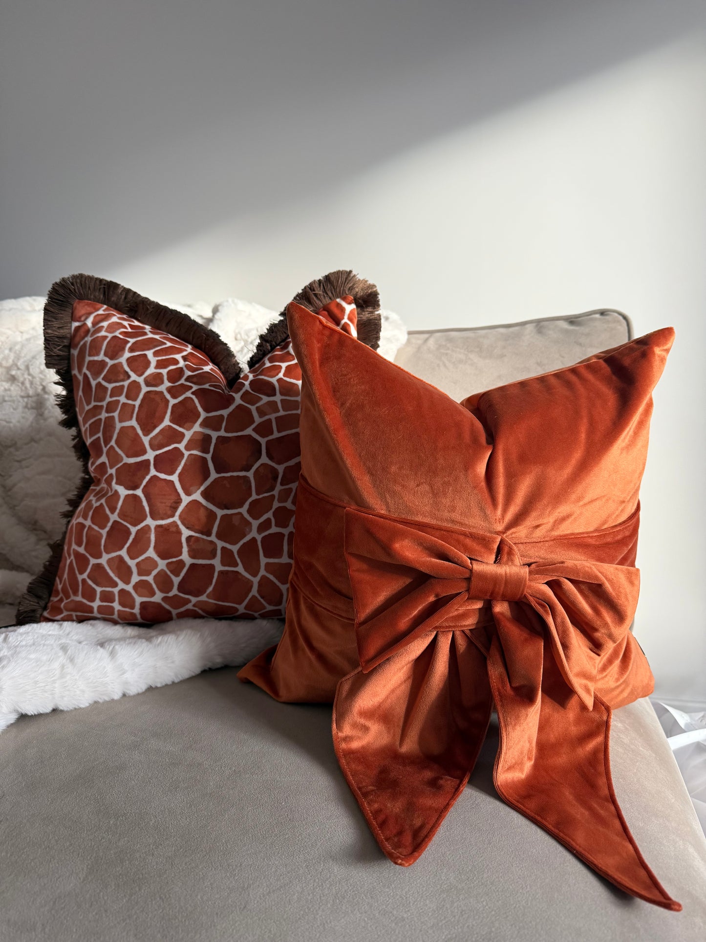 Rust Orange Giraffe Print Cushion with Fringe Trim