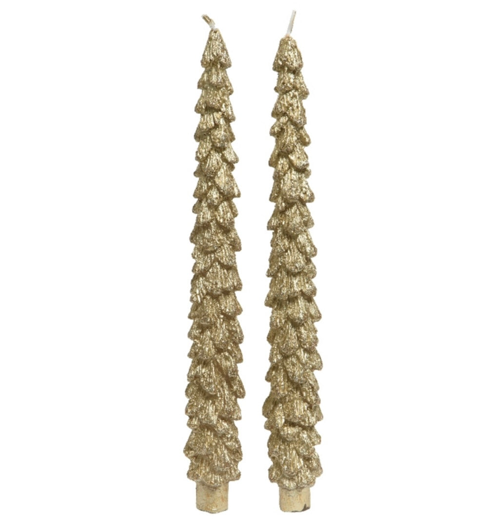 Set Of 2 Gold Glitter Tree Dinner Candles