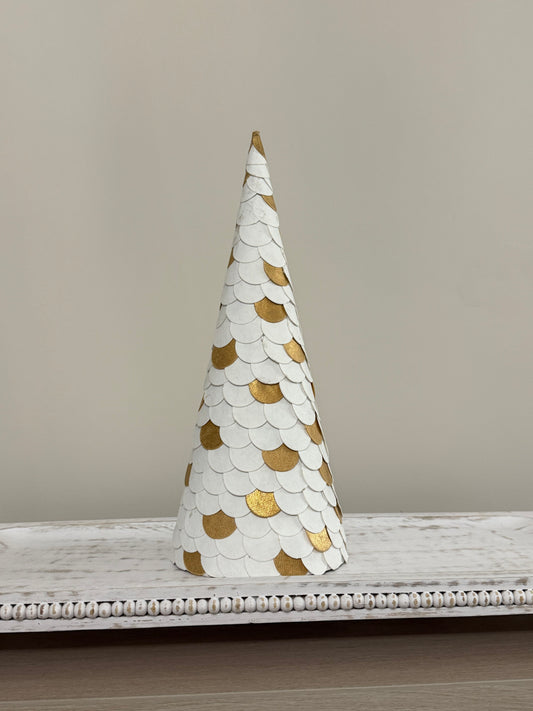 White & Gold Paper Cone Christmas Tree 31cm