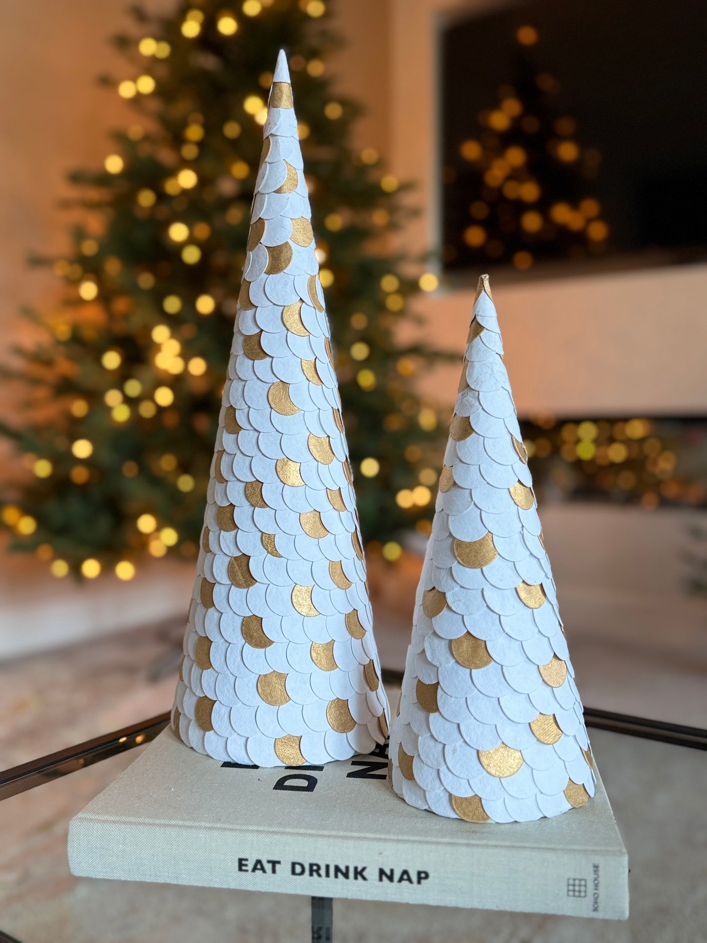 White & Gold Paper Cone Christmas Tree 46cm