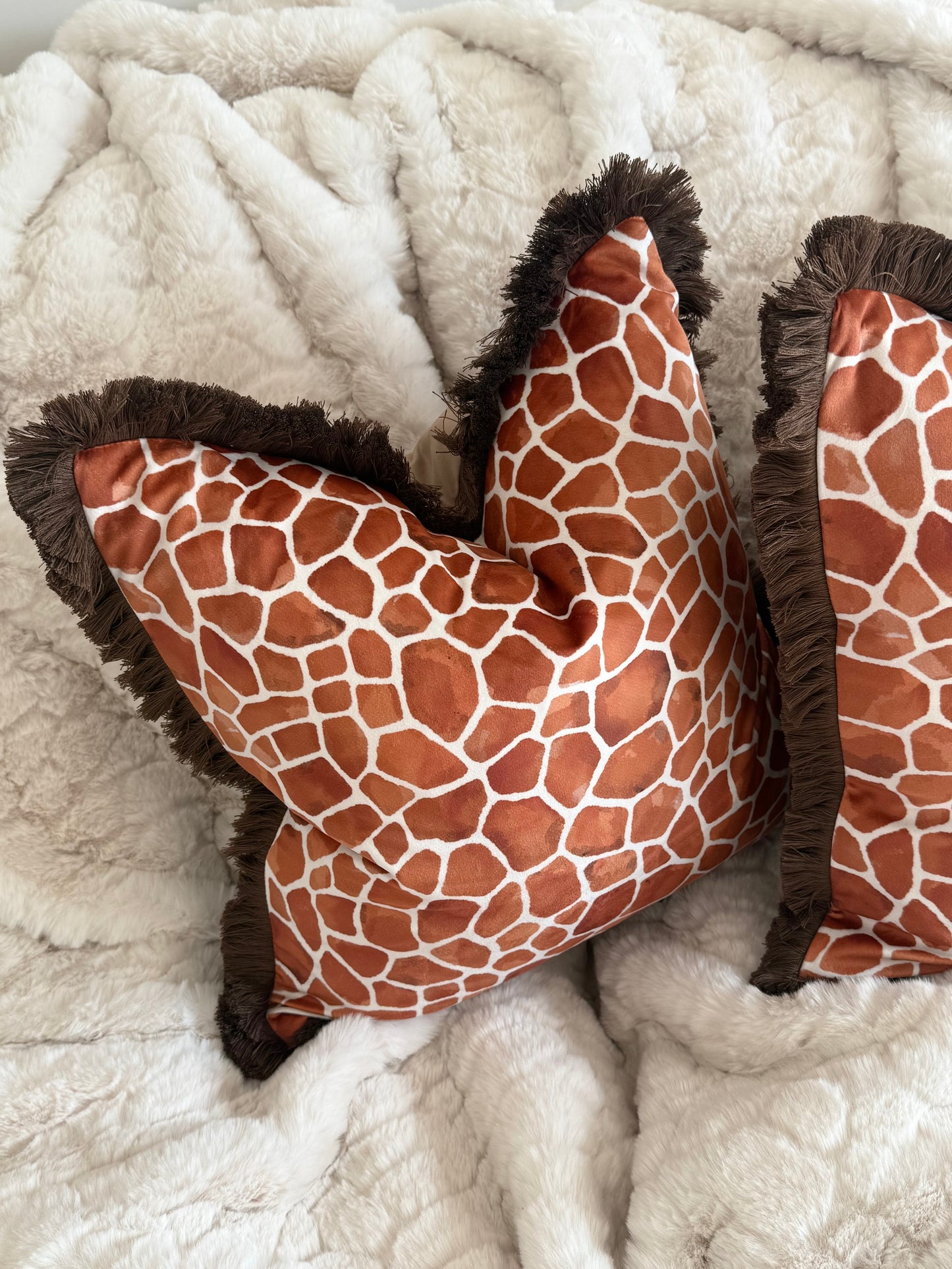 Rust Orange Giraffe Print Cushion with Fringe Trim