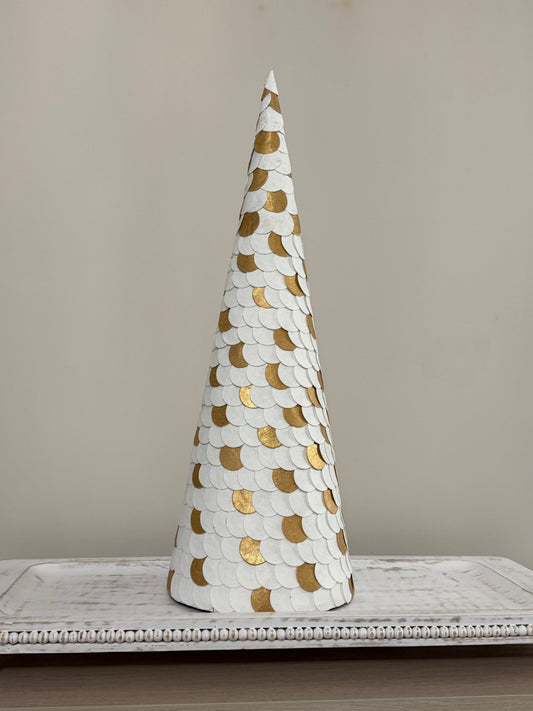 White & Gold Paper Cone Christmas Tree 46cm