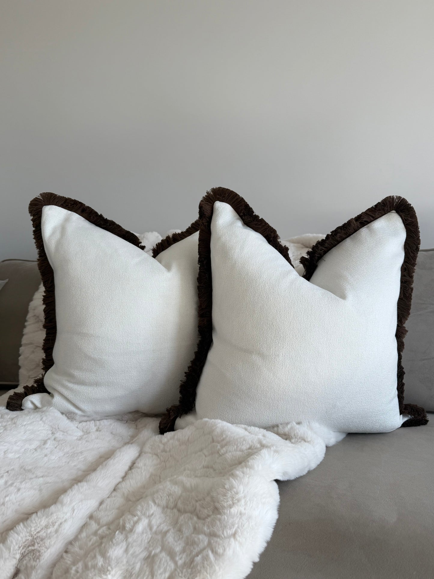 Hugo White & Chocolate Fringed Large Cushion