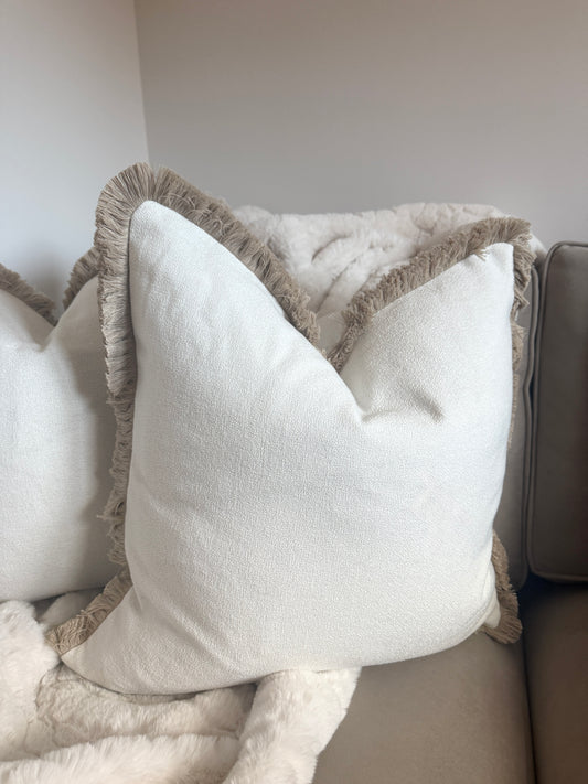 Hugo White & Beige Fringed Large Cushion