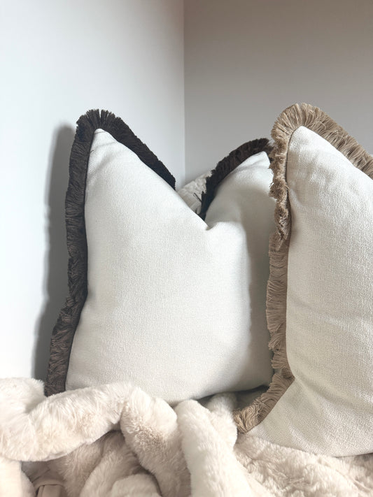 Hugo White & Chocolate Fringed Large Cushion