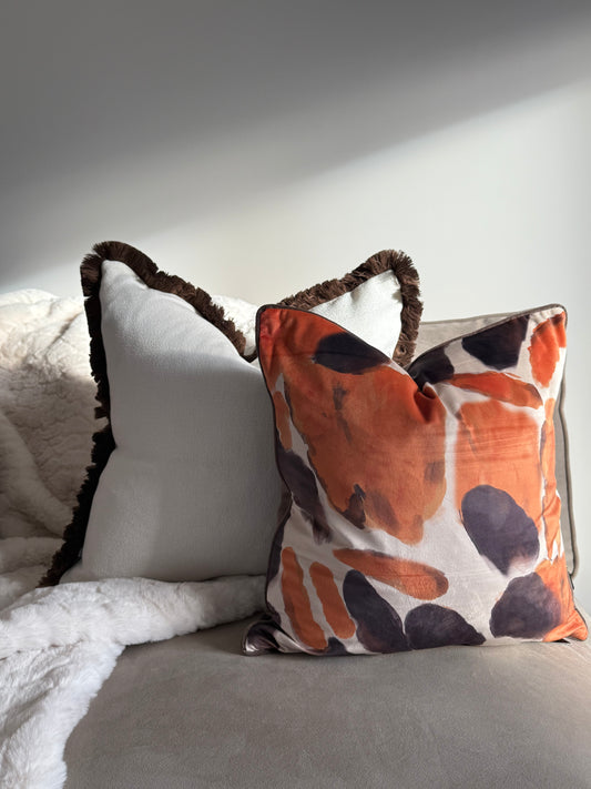 Hugo White & Chocolate Fringed Large Cushion