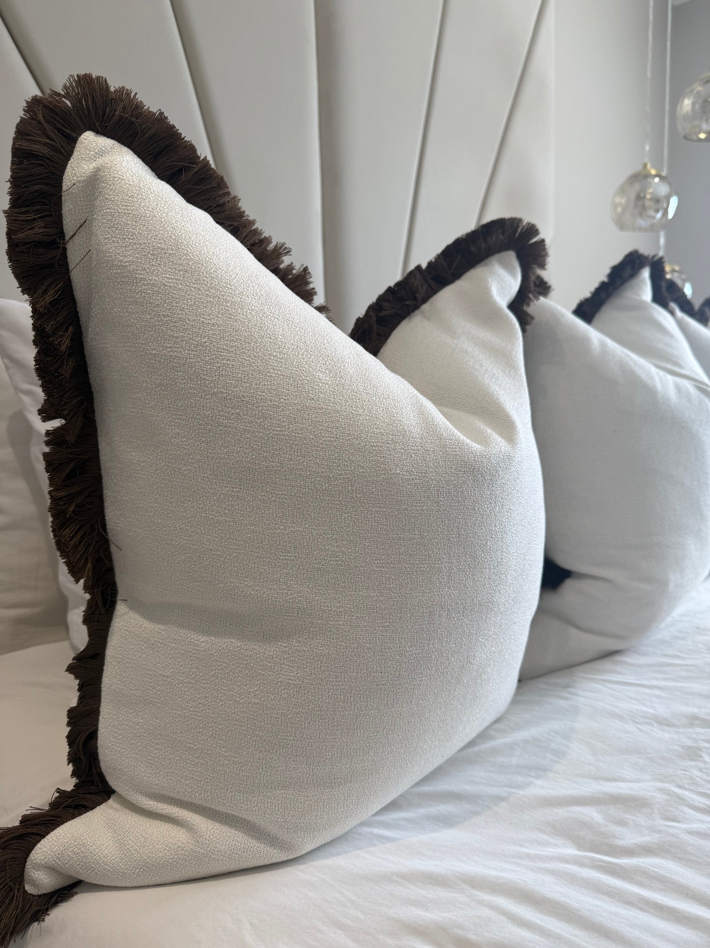 Hugo White & Chocolate Fringed Large Cushion