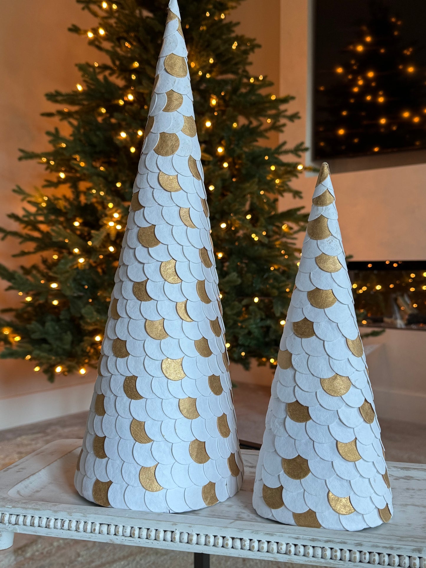 White & Gold Paper Cone Christmas Tree 46cm