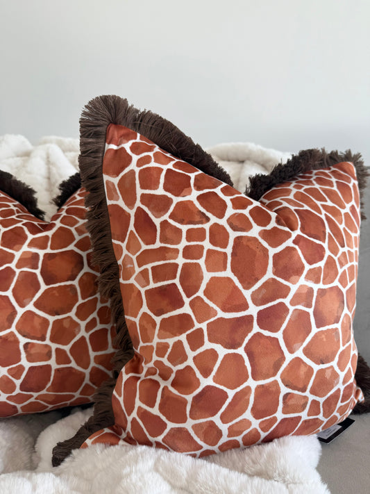 Rust Orange Giraffe Print Cushion with Fringe Trim