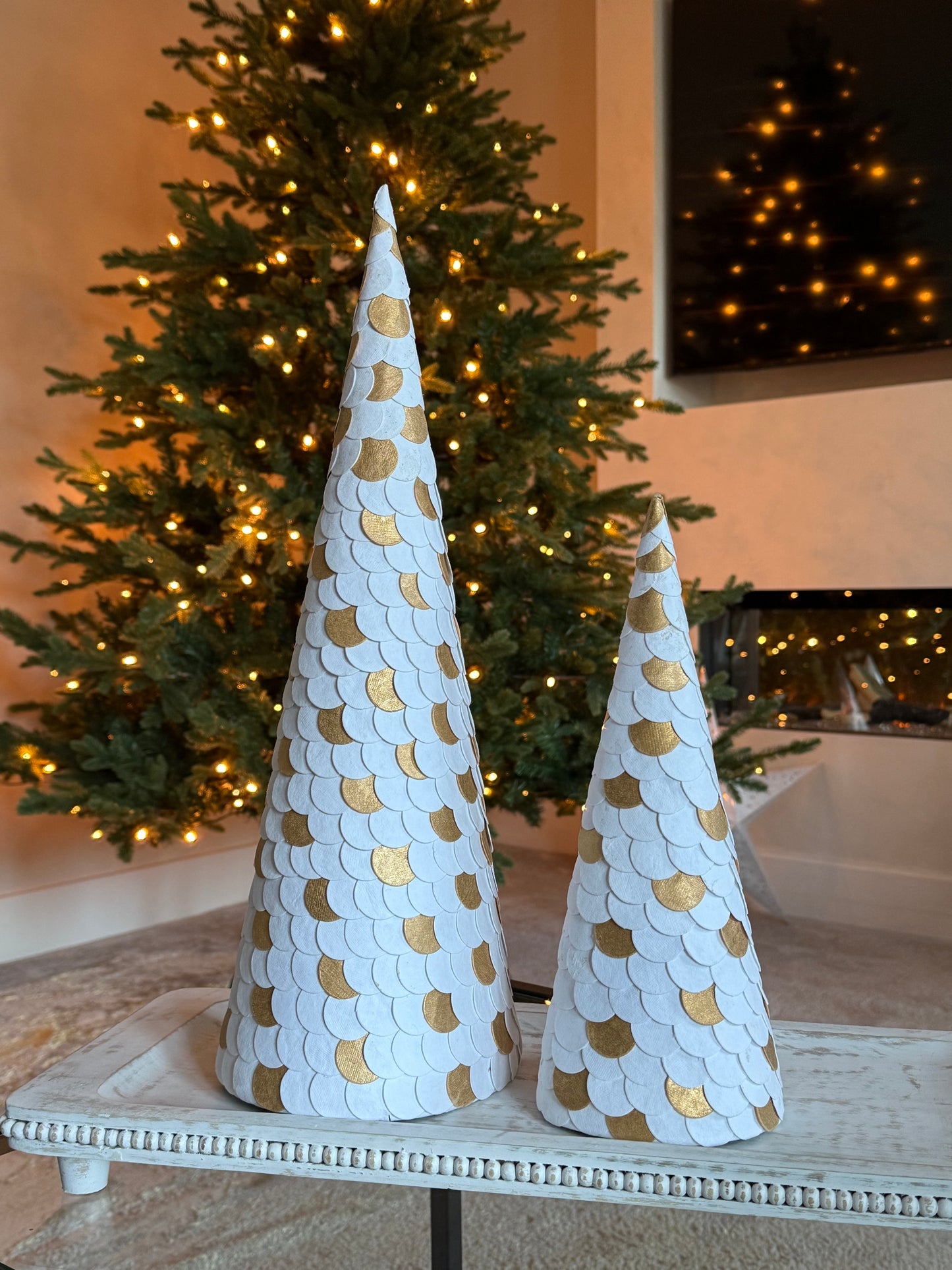 White & Gold Paper Cone Christmas Tree 31cm